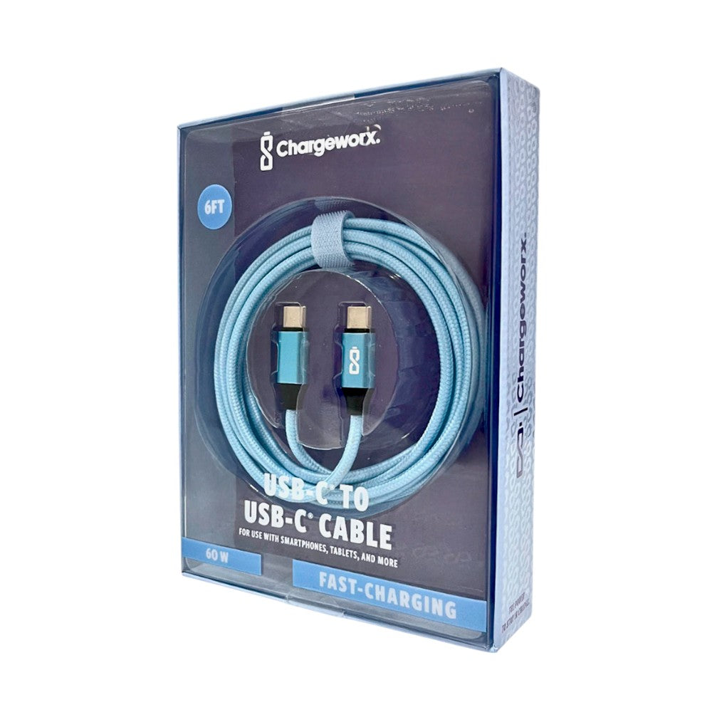 Cable Cargador Chargeworx de Nylon / USB-C A USB-C / 6Ft / 20W / Celeste