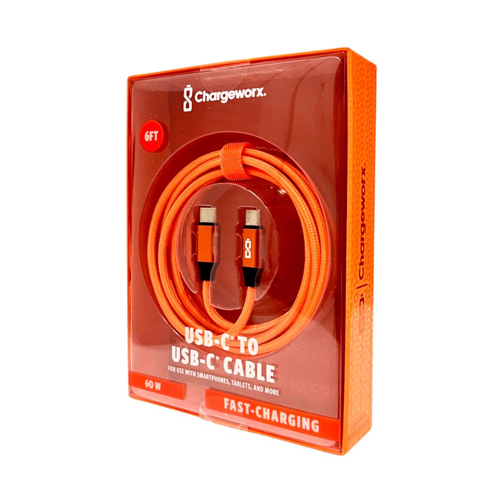Cable Cargador Chargeworx de Nylon / USB-C A USB-C / 6Ft / 20W / Naranjado