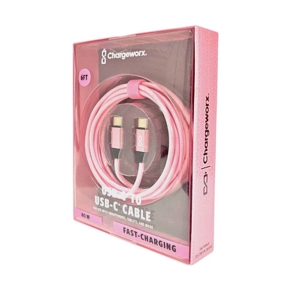 Cable Cargador Chargeworx de Nylon / USB-C A USB-C / 6Ft / 20W / Rosado