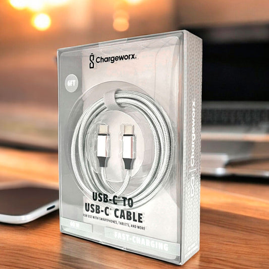 Cable Cargador Chargeworx de Nylon / USB-C A USB-C / 6Ft / 20W / Plateado