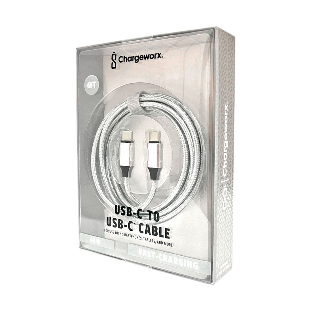 Cable Cargador Chargeworx de Nylon / USB-C A USB-C / 6Ft / 20W / Plateado