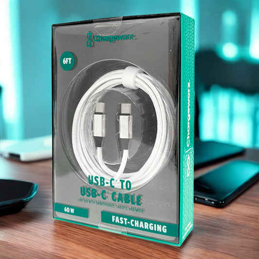 Cable Cargador Chargeworx de Nylon / USB-C A USB-C / 6Ft / 20W / Blanco