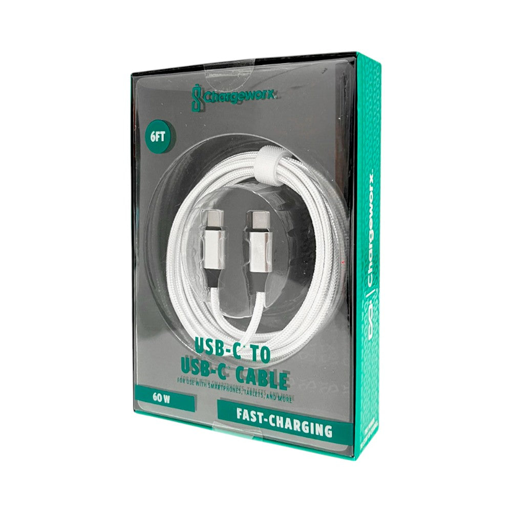 Cable Cargador Chargeworx de Nylon / USB-C A USB-C / 6Ft / 20W / Blanco