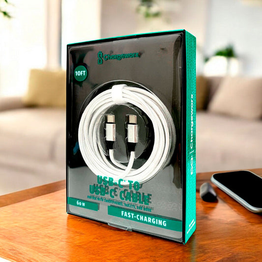 Cable Cargador Chargeworx de Nylon / USB-C A USB-C / 10Ft / 20W / Blanco