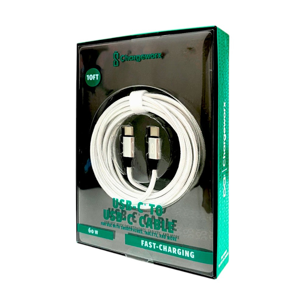Cable Cargador Chargeworx de Nylon / USB-C A USB-C / 10Ft / 20W / Blanco