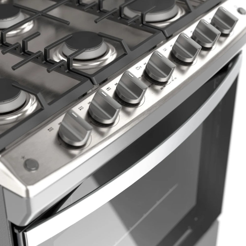 Estufa Whirlpool 30 pulg de piso, gas de 6 quemadores, parrillas de hierro fundido, encendido electrónico y horno con luz interior. En Titán Panamá.