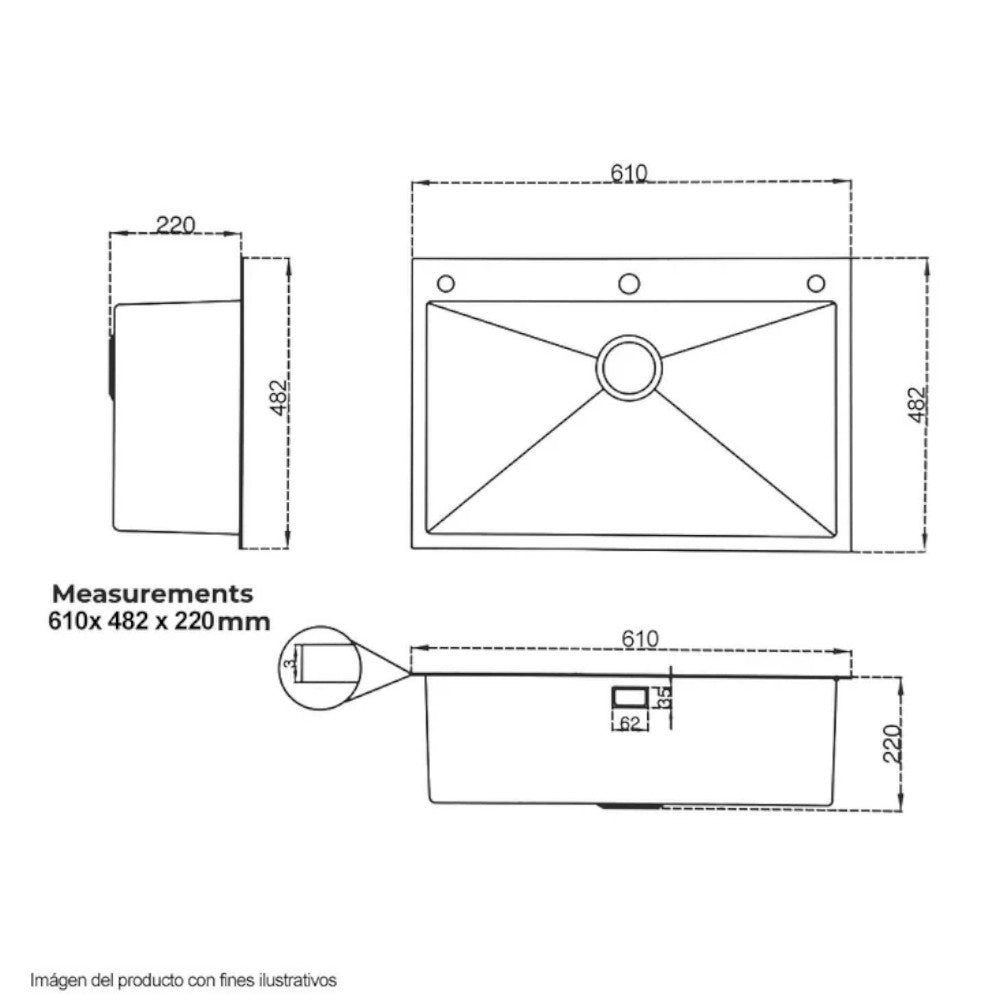 Fregador Multifunción Drija 61 cm / Acero Inoxidable / Bolonia 61
