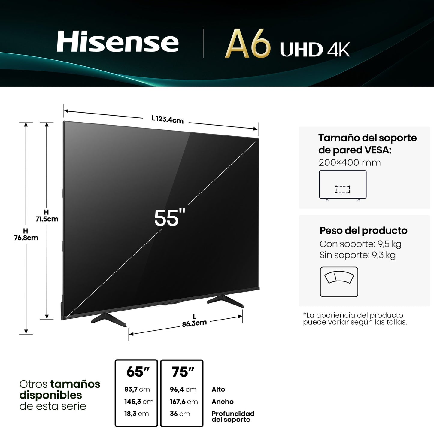 Televisor Hisense de 55" | Smart TV | UHD 4K | 55A6NV
