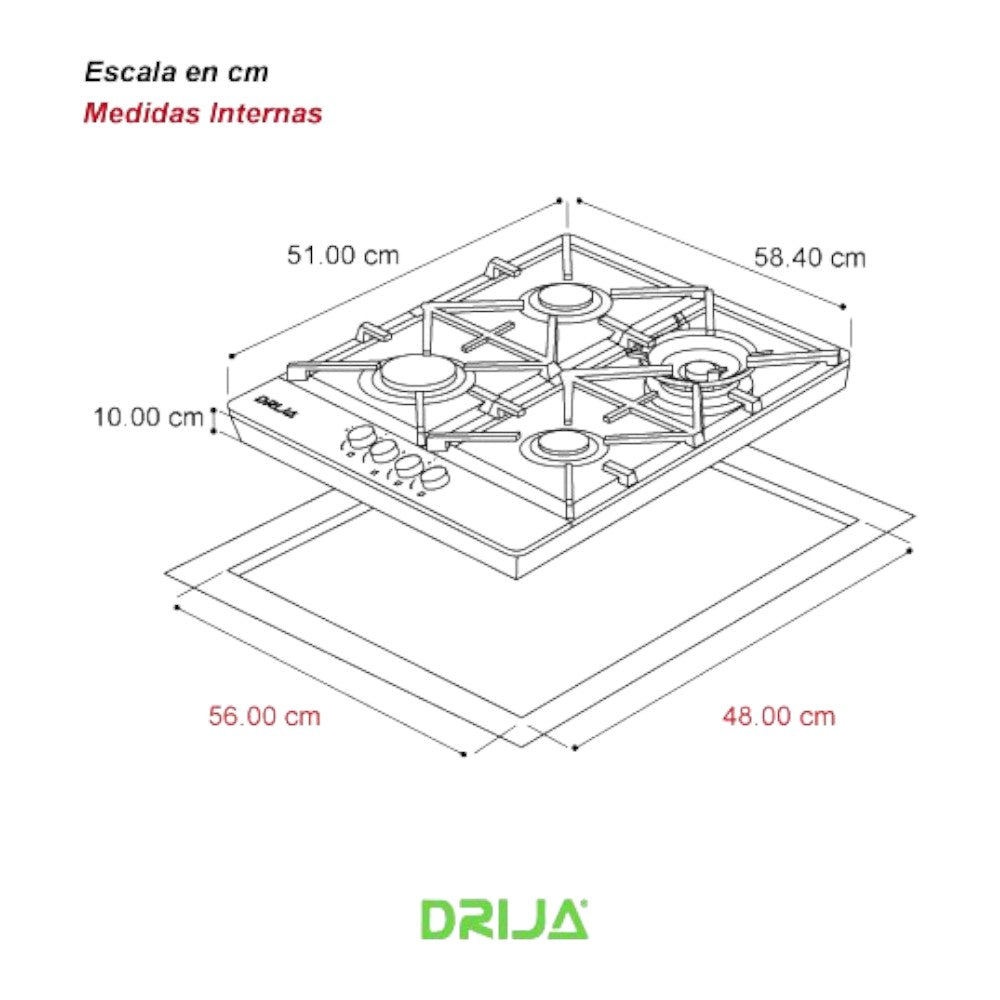 Estufa a Gas Drija 4 Quemadores / Vitro / Toscana 60