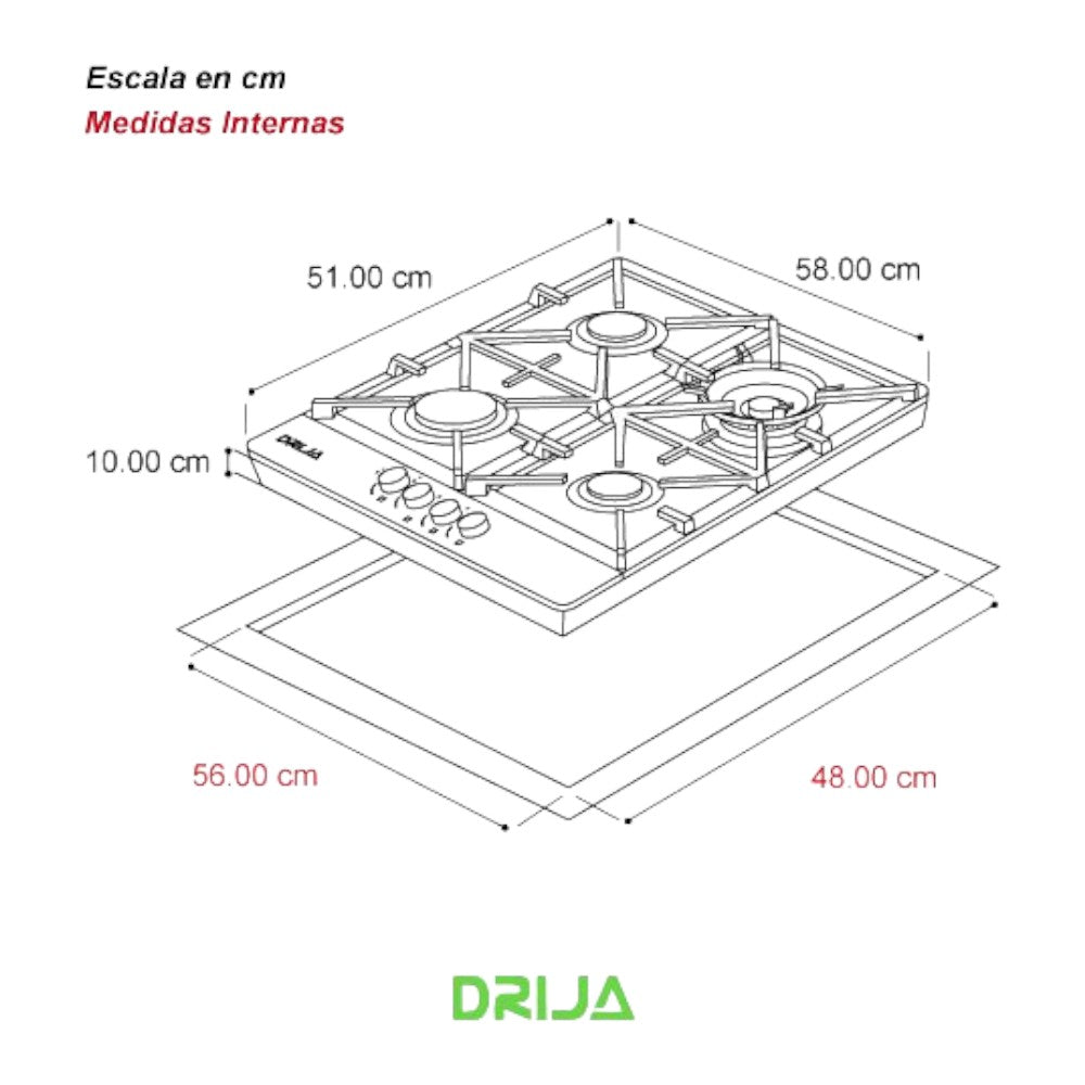 Estufa a Gas Drija Milán 60 / 4 Quemadores / Acero Inoxidable