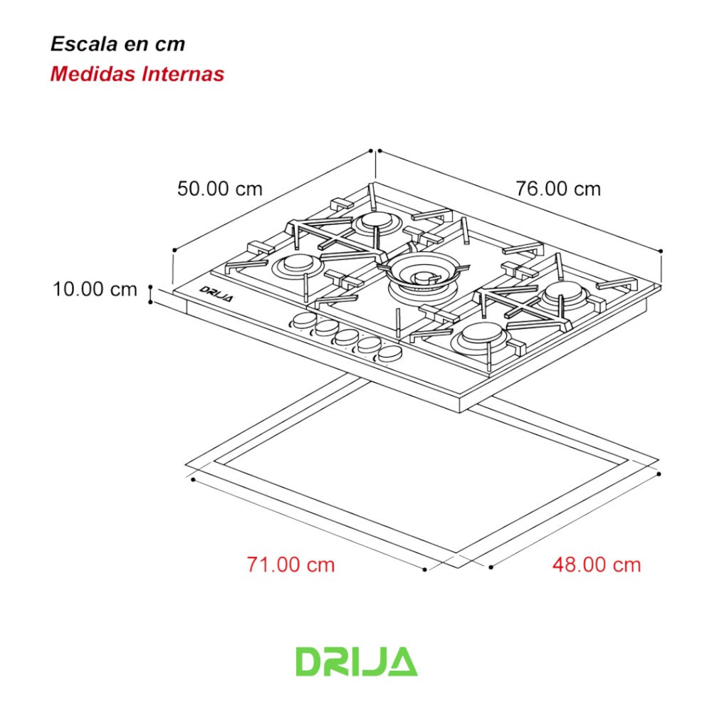 Estufa a Gas Drija Milán 76 / 5 Quemadores / Acero Inoxidable