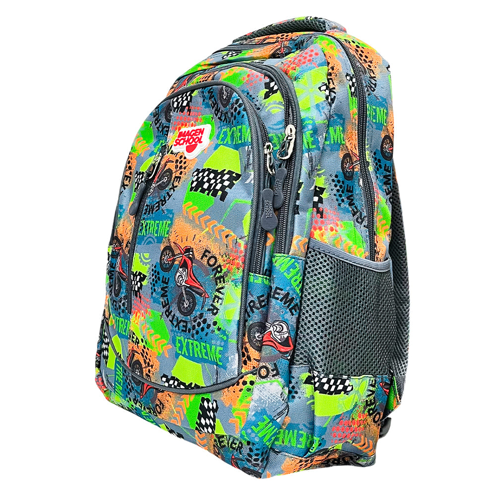 Mochila Escolar 17" Imagen School / Estampado Motociclista / Niño / Surtido