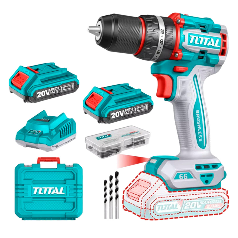 Taladro Inalámbrico Total 20V / 1/2" / 66Nm Impacto. / Motor Sin Escobillas / Incluye 2 Baterías Y Cargador