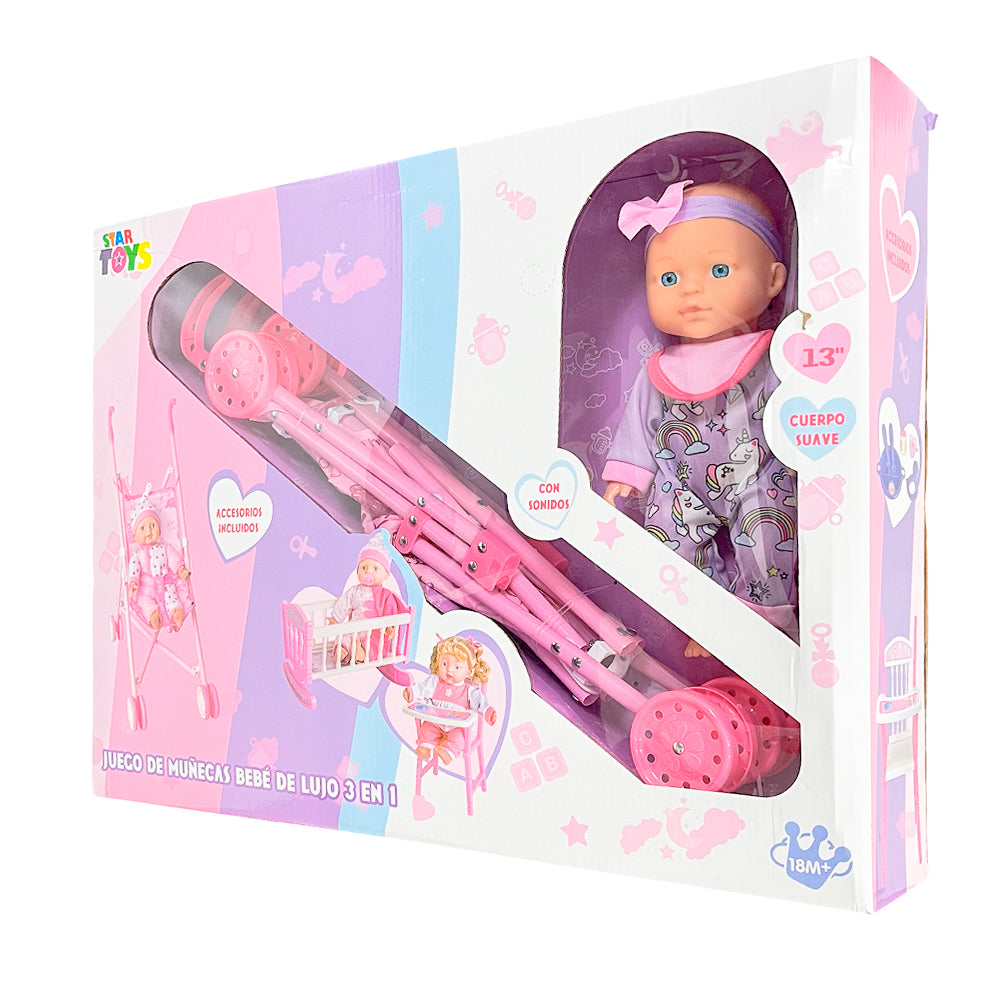 Muñeca Bebé con Cuna - Silla - Coche / Star Toys
