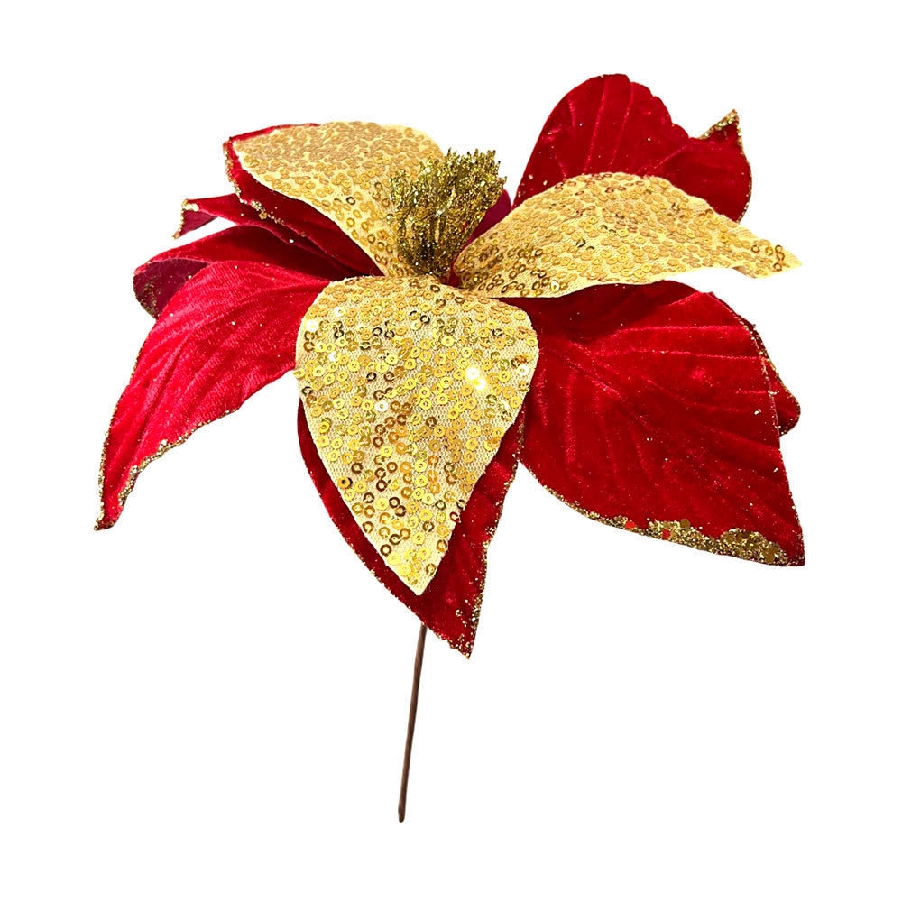 Flor Navideña Poinsettia 30 Cm Rojo/Dorado