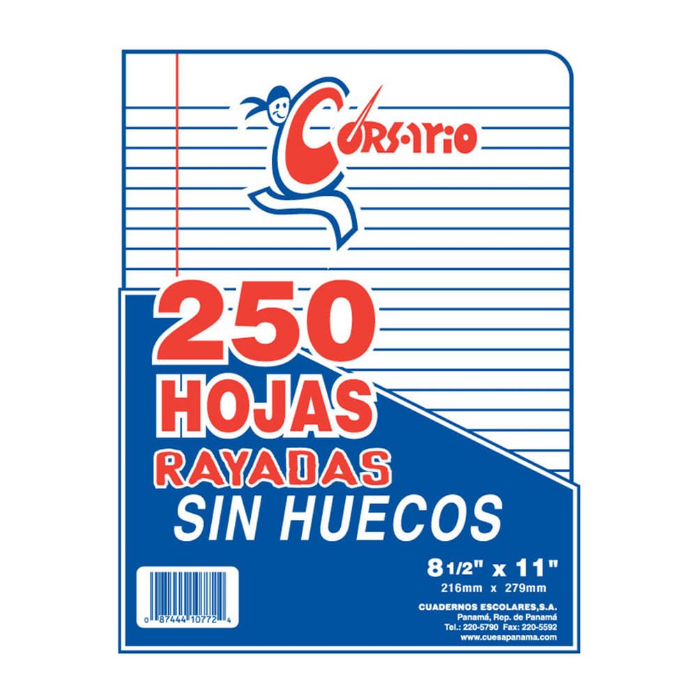 Resma de 250 Hojas de Rayas Corsario Sin Huecos 8 1/2" x 11"