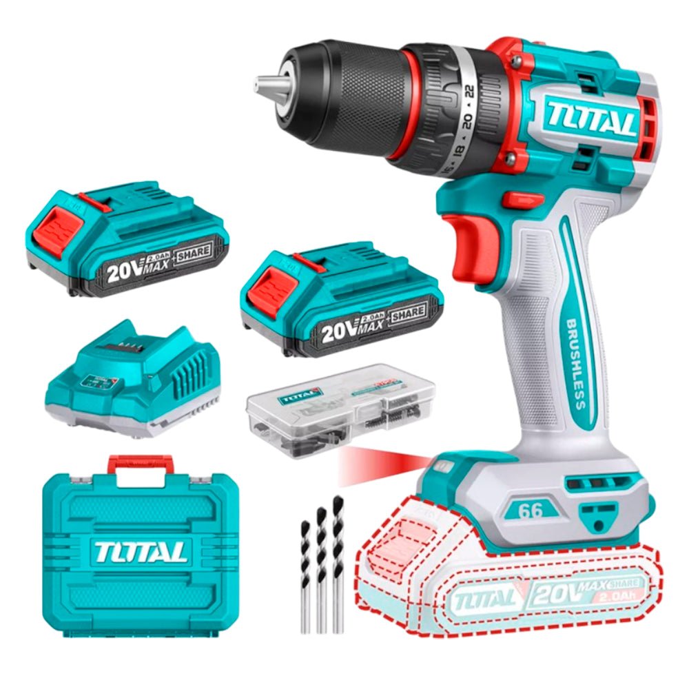 Taladro Inalámbrico Total 20V / 1/2" / 66Nm Impacto. / Motor Sin Escobillas / Incluye 2 Baterías Y Cargador - Total - Titan.com.pa - 6942210227577