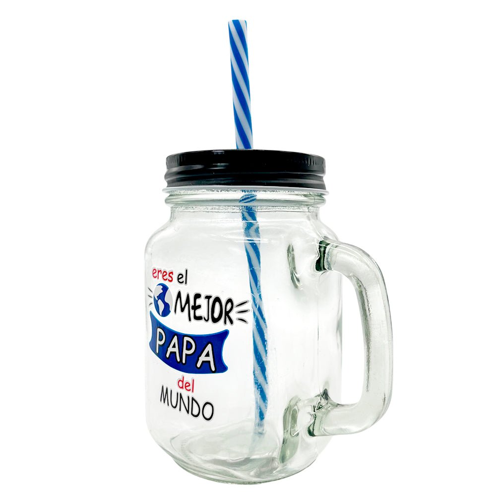 Vaso de vidrio Beneli Home Con Tapa Y Carrizo / El Mejor Papá del Mundo - Beneli Home - Titan.com.pa - 7453129412897