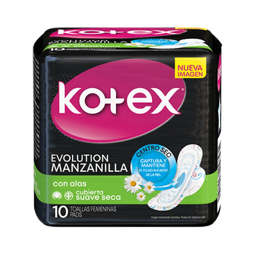 Toallas Sanitaria Kotex Evolucion Manzanilla Con Alas 10 Unidades
