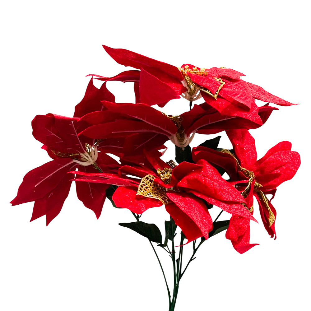 Flor Poinsettia X5 / 48 CM / Rojo/Dorado - Christmas Elegance