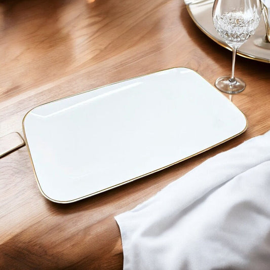 Bandeja Rectangular Para Servir Lillian / 18" x 11.2" / 2 Piezas / Blanca-Gold