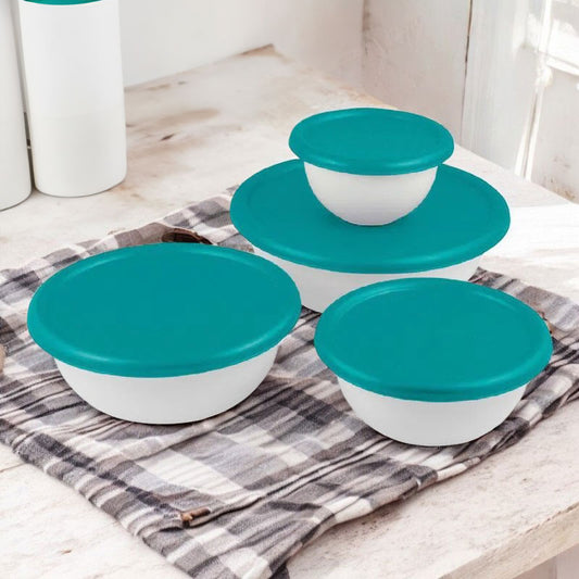 Juego de Bowls Sterilite Con Tapa– 8 Piezas / Blanco con Aqua