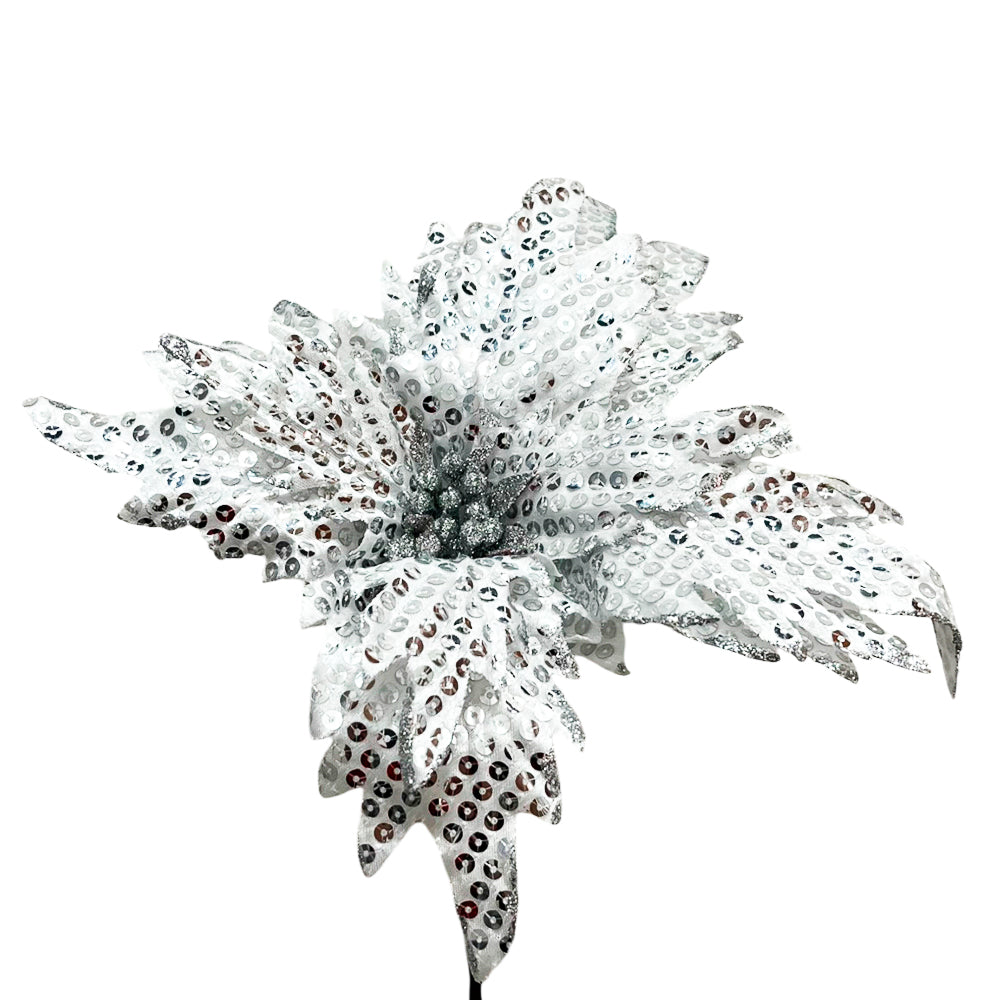 Flor Navideña 19 CM Blanco/Plateado - Montefiori Christmas