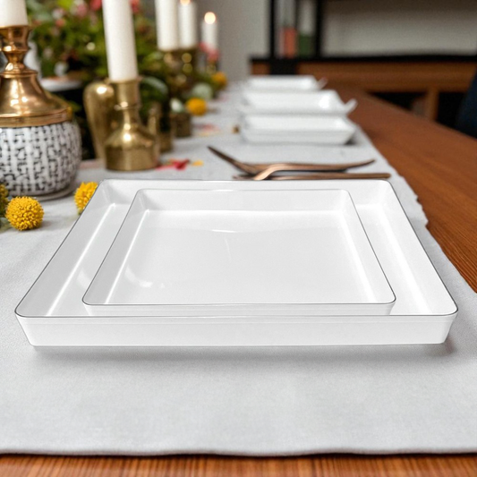 Platos Reutilizables Lillian / 20 Piezas / Blanco con Borde Plateado