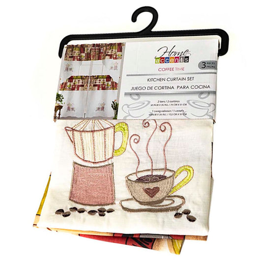 Cortina Para Cocina Bordado Café 3 Piezas