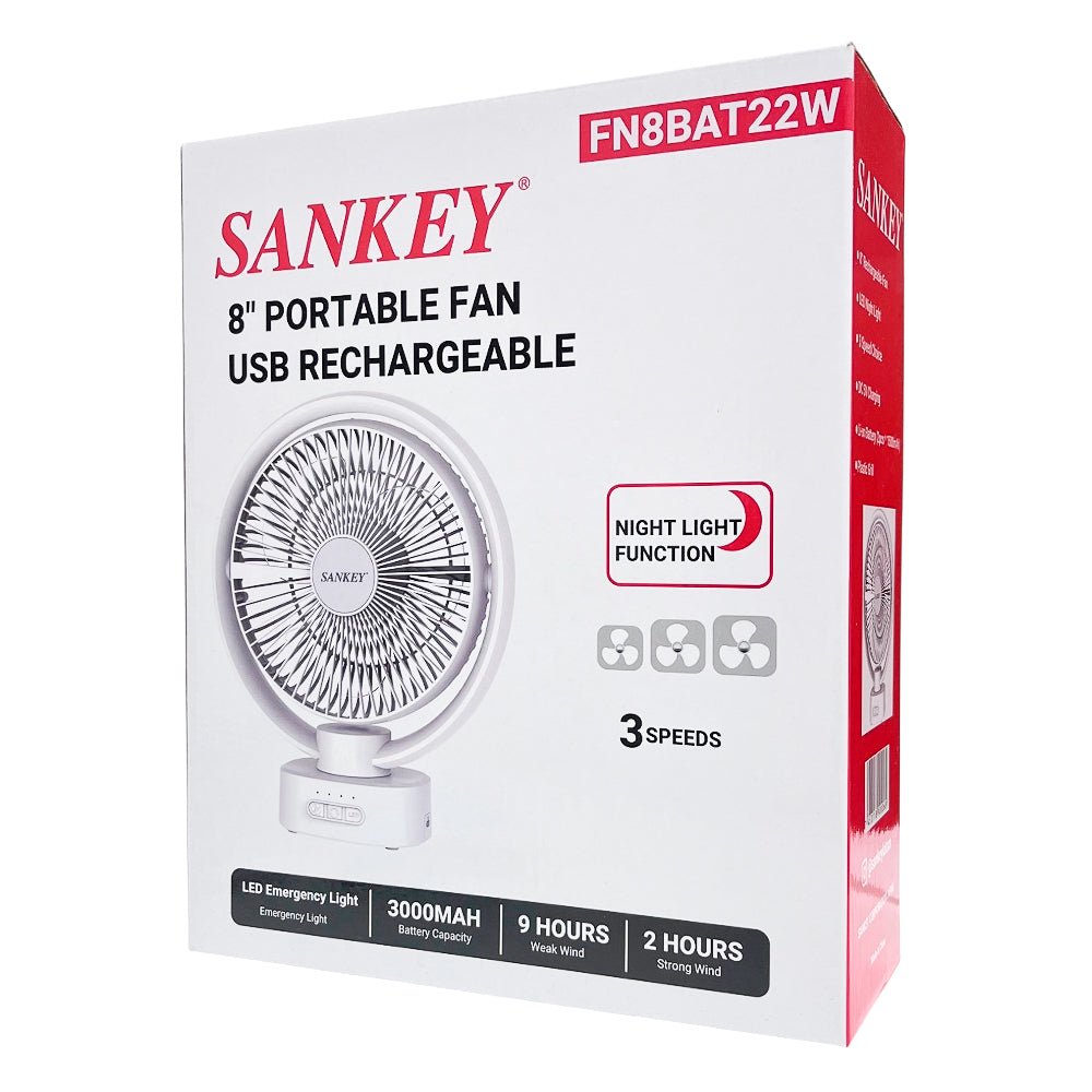 Abanico Recargable Sankey 8" / Luz LED - FN-8BAT22W - Sankey - Titan.com.pa - 7453118900060