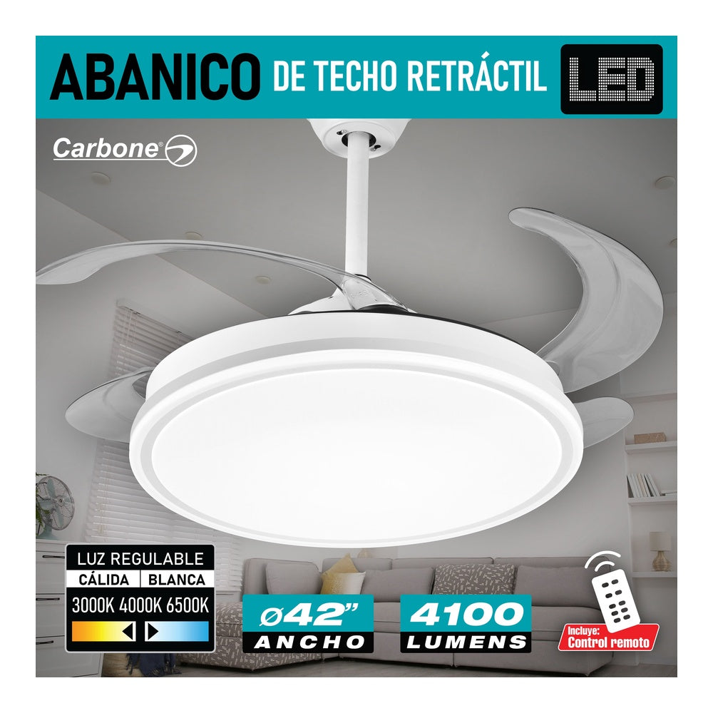 Abanico de Techo Retráctil con Lámpara Carbone 42" Pulgadas Blanco - CARBONE - 11096582