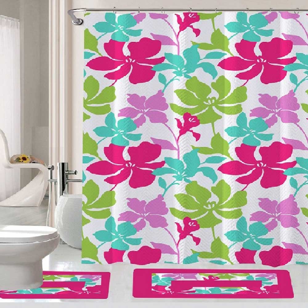 Alfombra y Cortina De Baño Tropical 15 Piezas