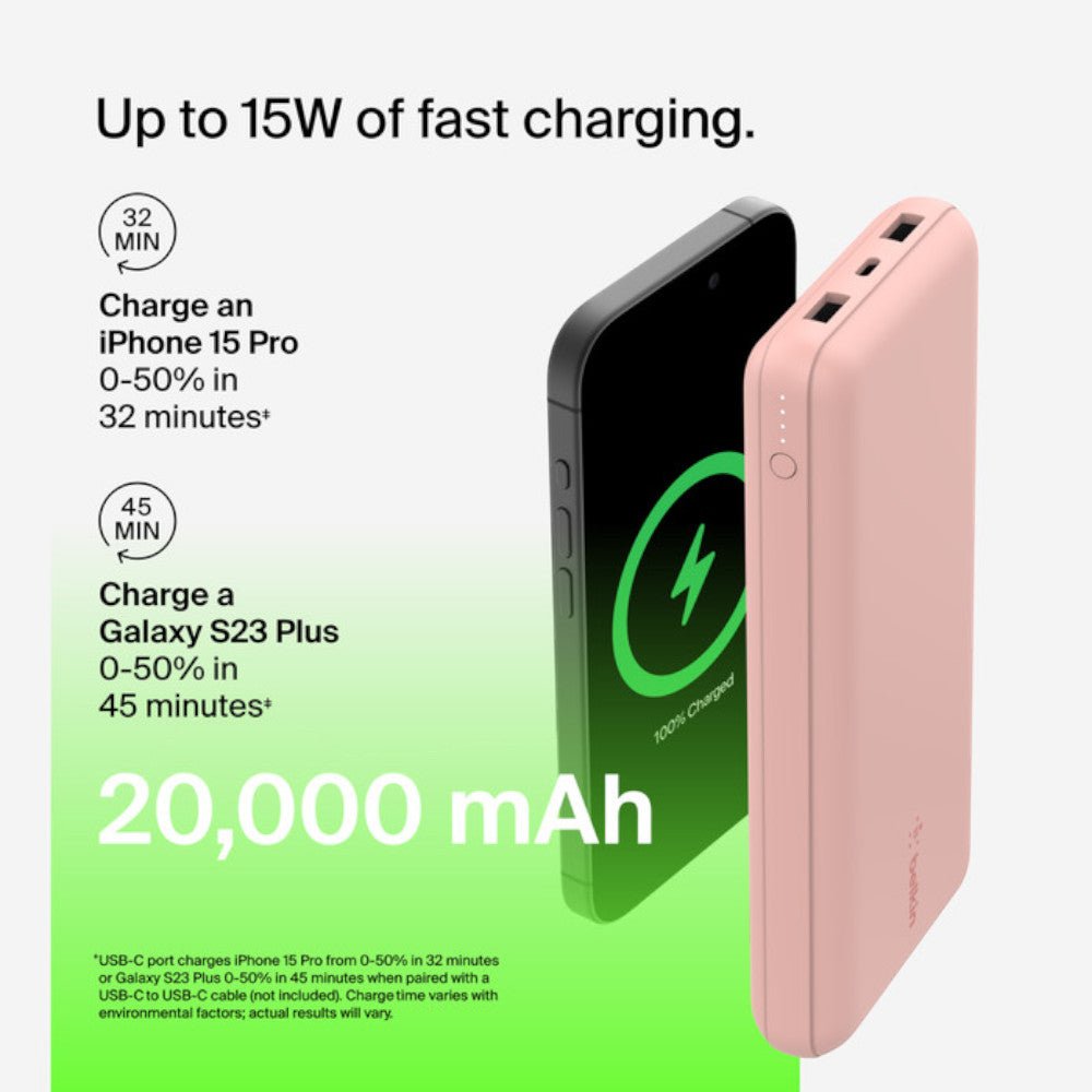 Batería Portátil Belkin Power Bank 20K / Usb - Ax2 / 15W / Rosa - Belkin - Titan.com.pa - 745883837717