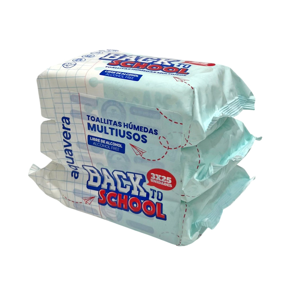 Toallitas húmedas multiusos Aquavera en presentación de 3 paquetes.