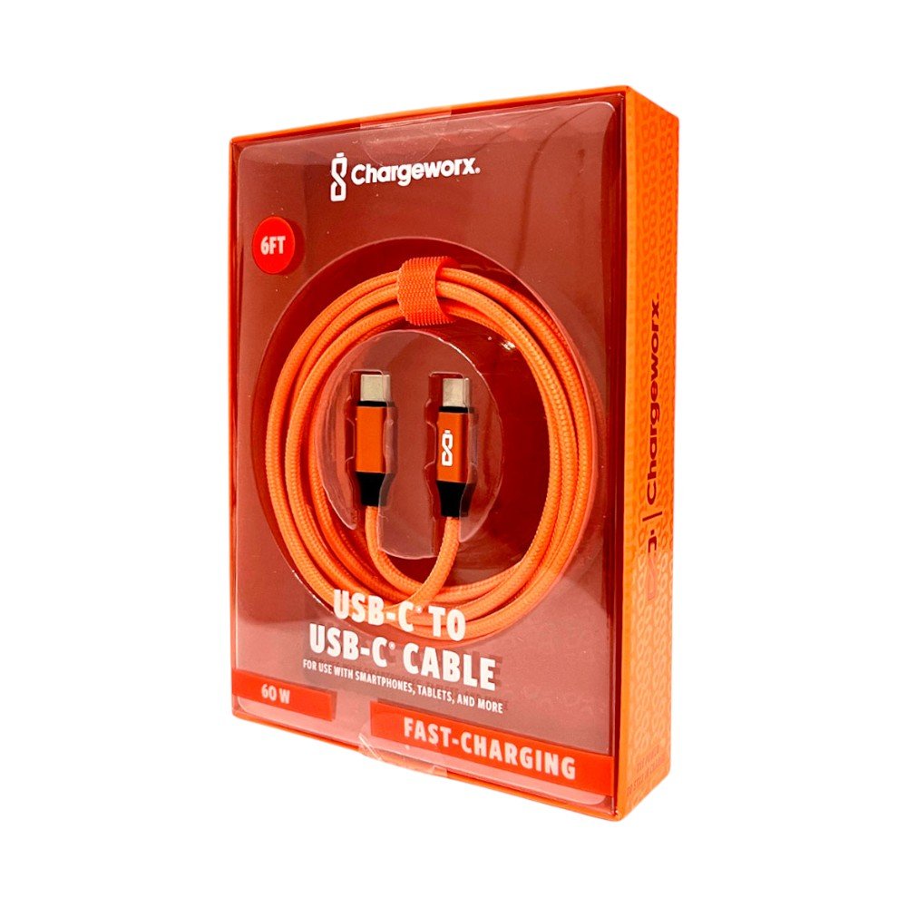 Cable Cargador Chargeworx de Nylon / USB - C A USB - C / 6Ft / 20W / Naranjado - Chargeworx - Titan.com.pa - 643620039960