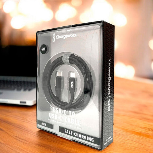 Cable Cargador Chargeworx de Nylon / USB - C A USB - C / 6Ft / 20W / Negro - Chargeworx - Titan.com.pa - 643620039298