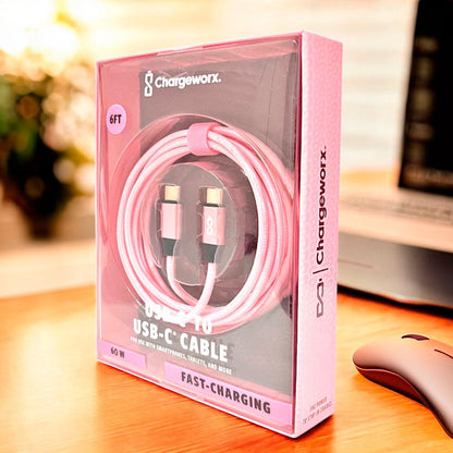 Cable Cargador Chargeworx de Nylon / USB - C A USB - C / 6Ft / 20W / Rosado - Chargeworx - Titan.com.pa - 643620039328