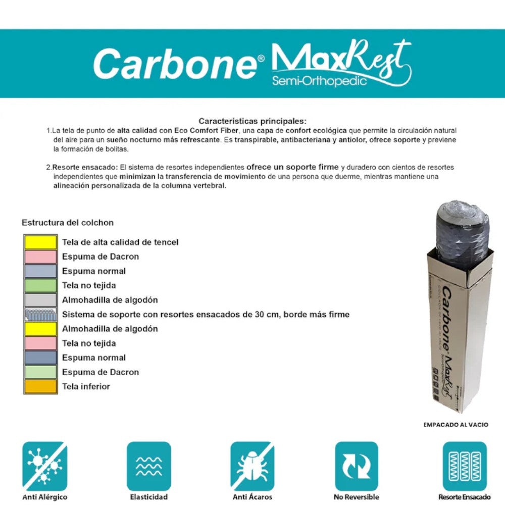 Colchón Carbone  Al Vacío Max Rest Semi-Ortopédico - Queen