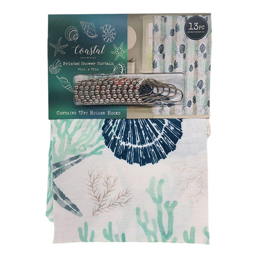 Cortina Para Baño Rt Designer Coastal Shells de Tela 13 Piezas