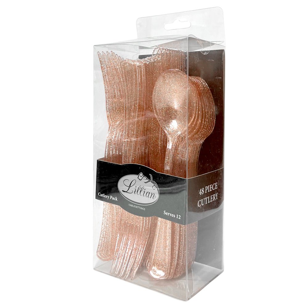 Cubiertos Plástico Lillian / 48 Piezas / Rose Gold Glitter - Lillian - Titan.com.pa - 763615372626