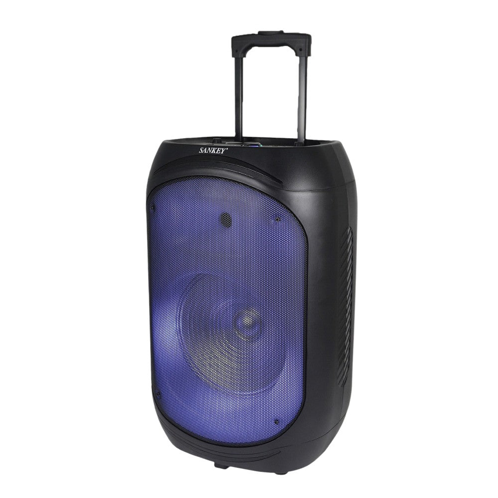 Bocina Sankey PA-12DCK7 recargable de 12 pulgadas con ruedas.