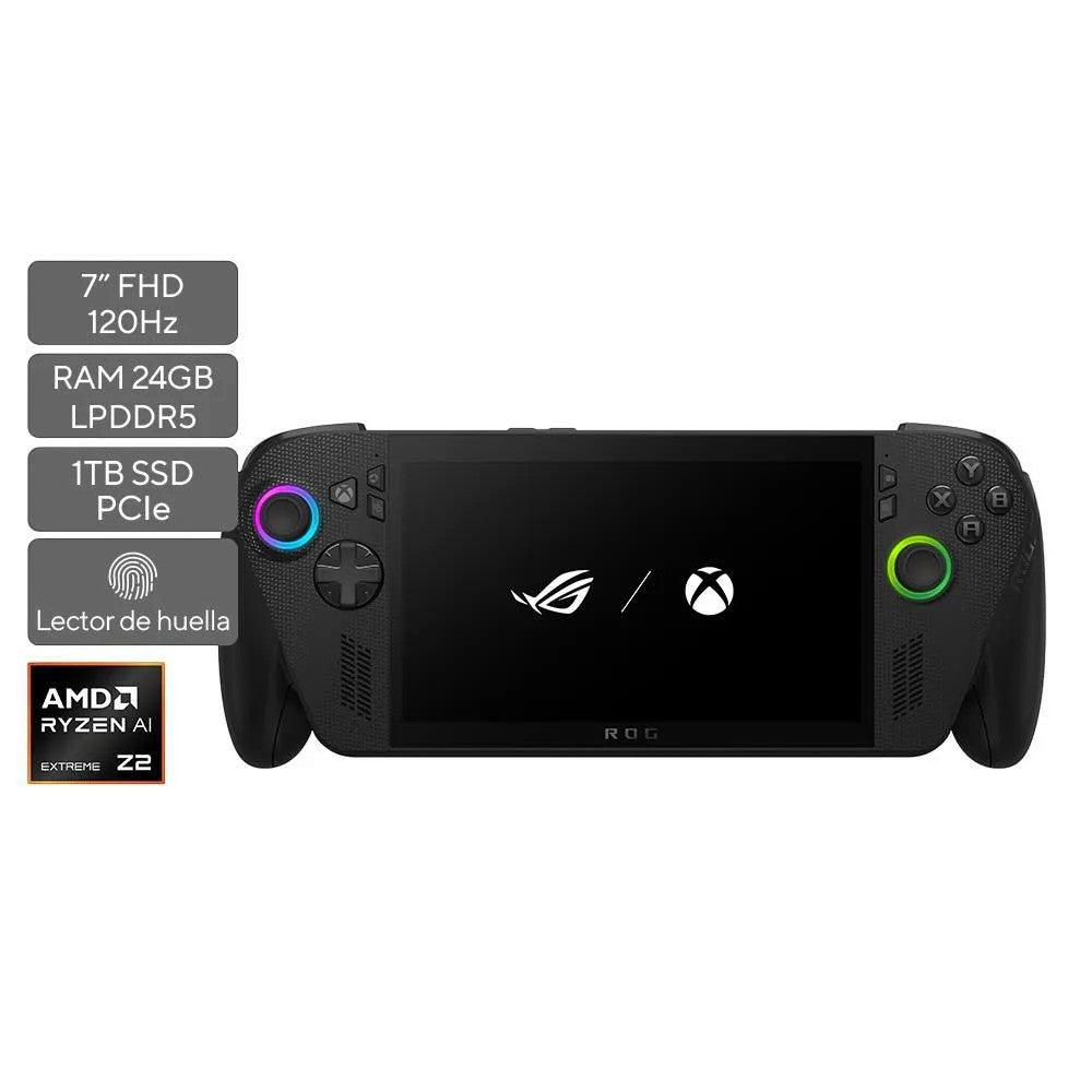Consola portátil ASUS ROG Ally negra con pantalla táctil Full HD de 7 pulgadas.