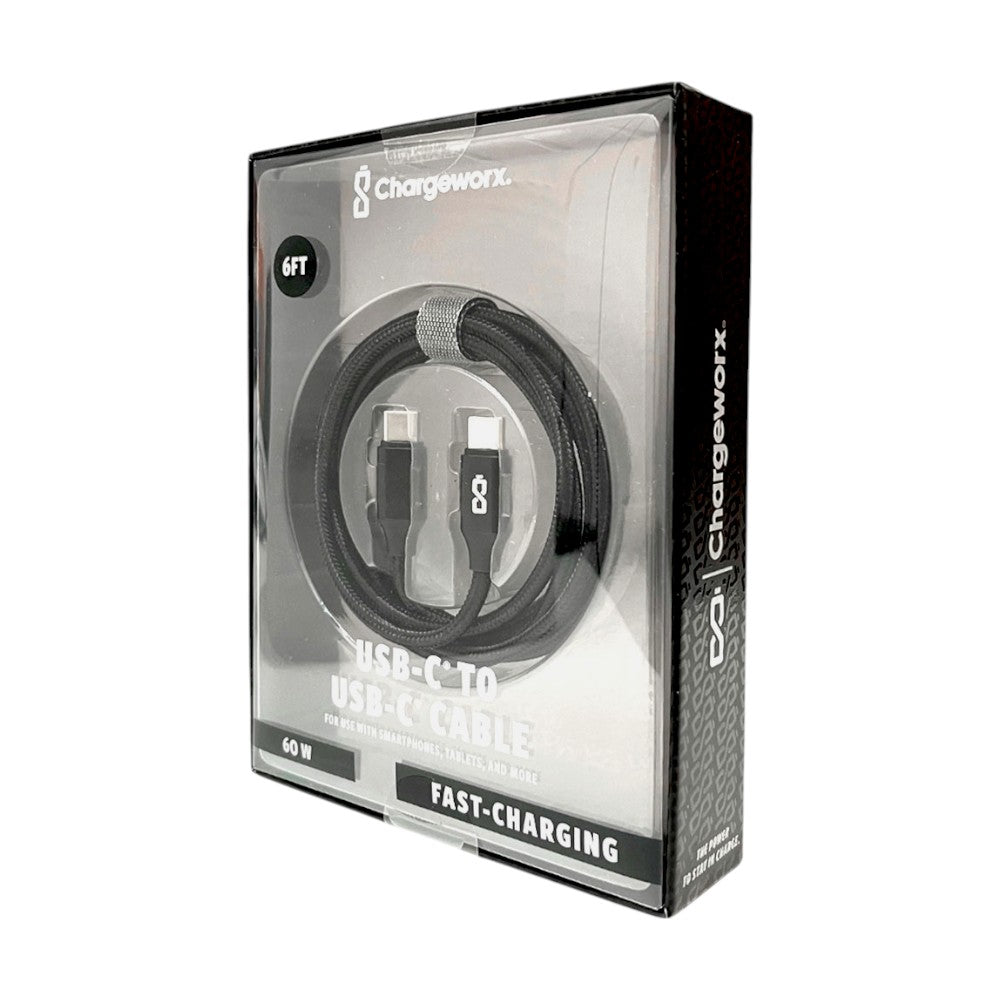 Cable Cargador Chargeworx de Nylon / USB-C A USB-C / 6Ft / 20W / Negro