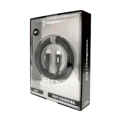 Cable Cargador Chargeworx de Nylon / USB-C A USB-C / 6Ft / 20W / Negro