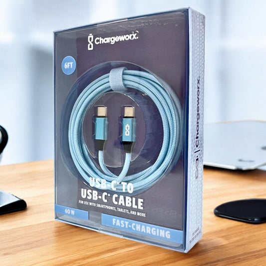 Cable Cargador Chargeworx de Nylon / USB-C A USB-C / 6Ft / 20W / Celeste
