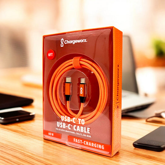 Cable Cargador Chargeworx de Nylon / USB-C A USB-C / 6Ft / 20W / Naranjado