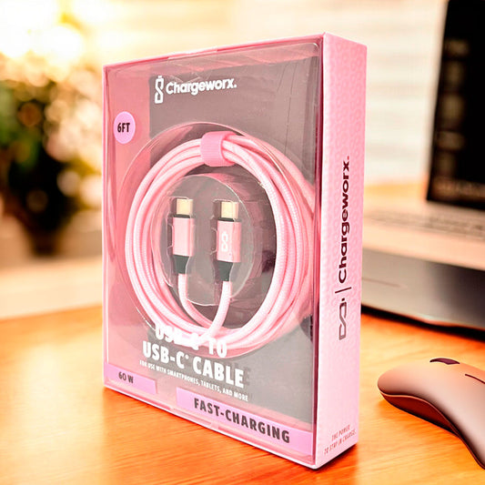 Cable Cargador Chargeworx de Nylon / USB-C A USB-C / 6Ft / 20W / Rosado