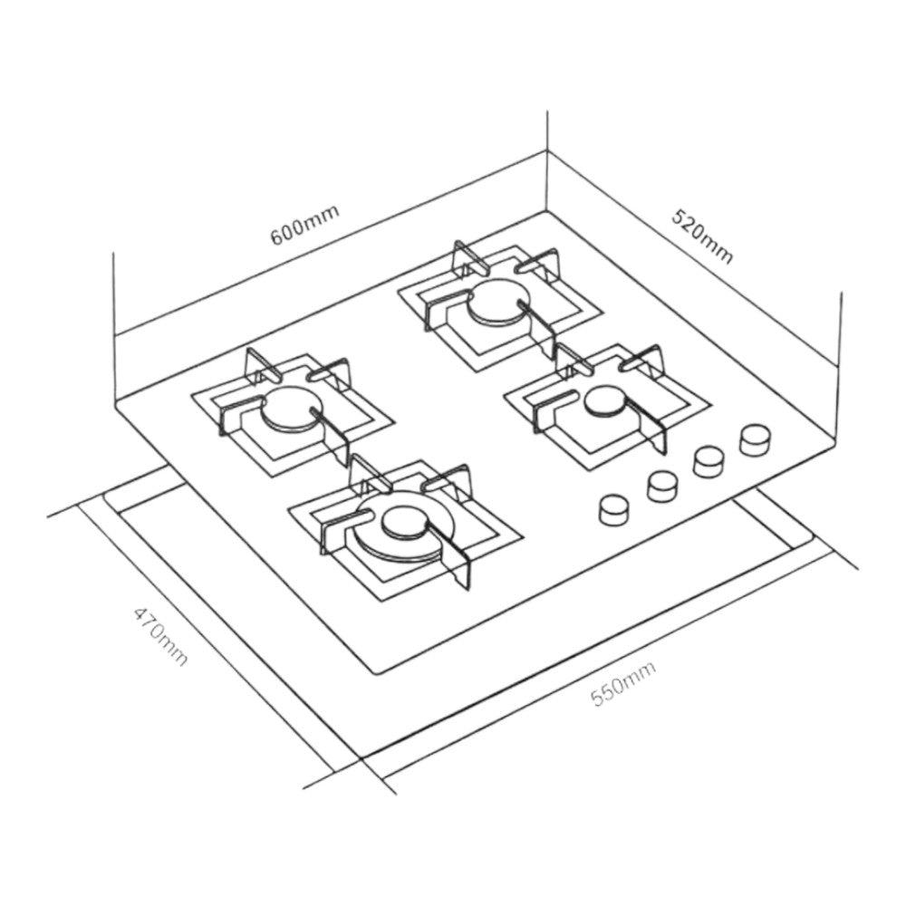Estufa Empotrable Sankey 24" / 4 Quemadores / Vidrio Templado Nano Glass