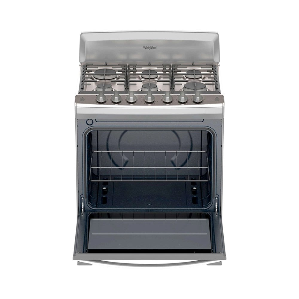 Estufa Whirlpool 30 pulg de piso, gas de 6 quemadores, parrillas de hierro fundido, encendido electrónico y horno con luz interior. En Titán Panamá.