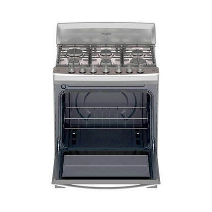 Estufa Whirlpool 30 pulg de piso, gas de 6 quemadores, parrillas de hierro fundido, encendido electrónico y horno con luz interior. En Titán Panamá.